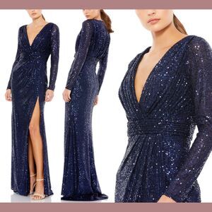 NWT $398 IEENA for Mac Duggal [‎ 8 ] Sequin Faux Wrap Gown in Midnight #S1111